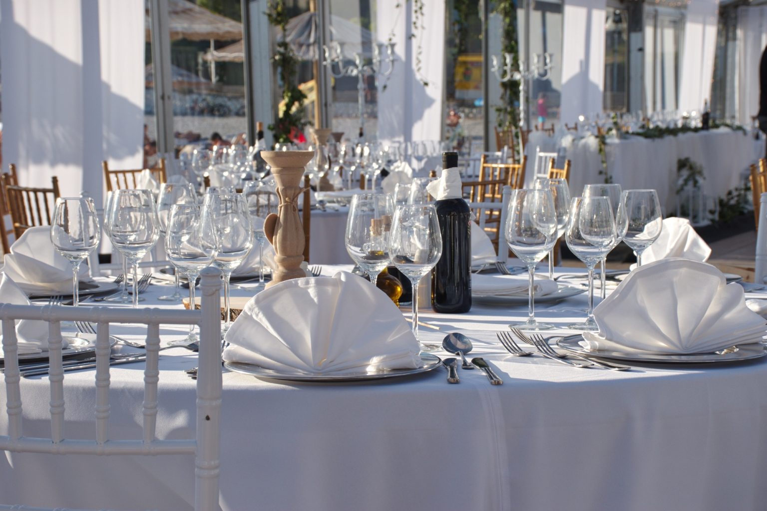 Closeup of decorated table for wedding party in natural light